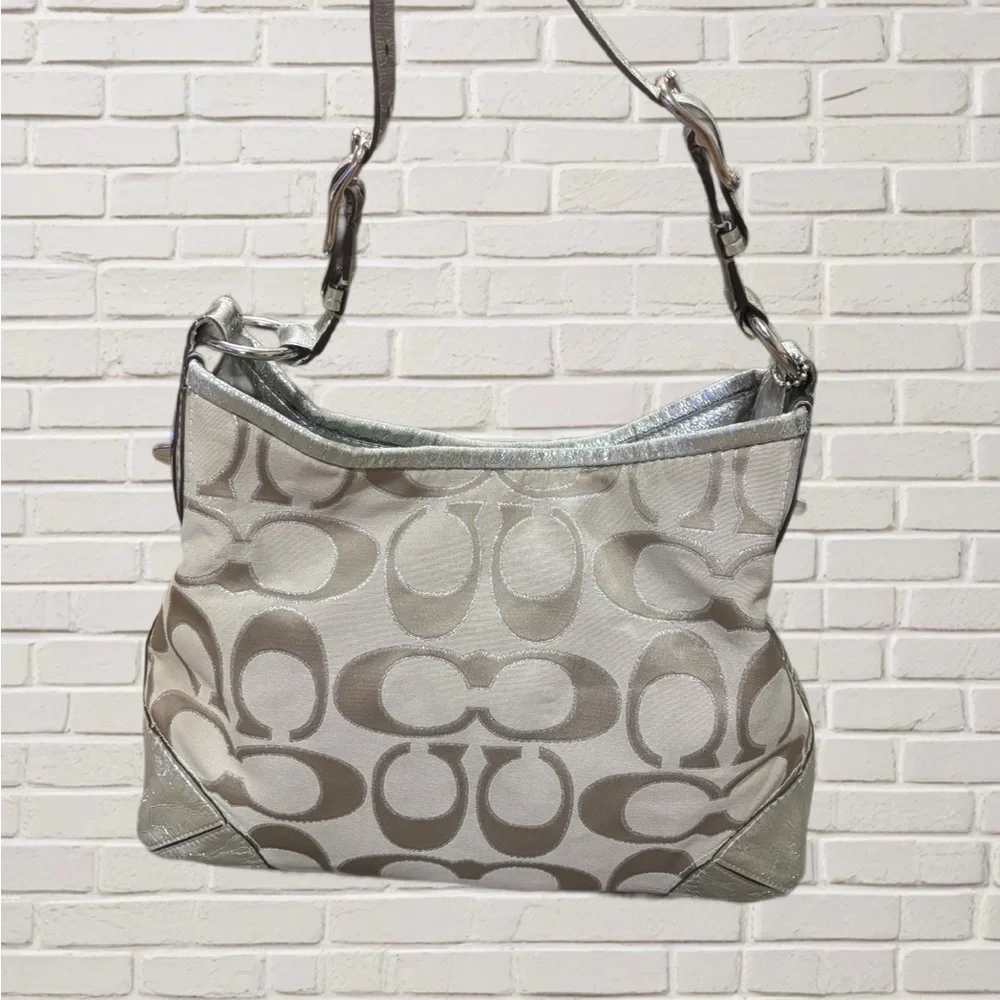 Coach Signature Metallic Silver Hobo Shoulder Bag Purse B1225-15731 Pink Lining - Picture 2 of 14